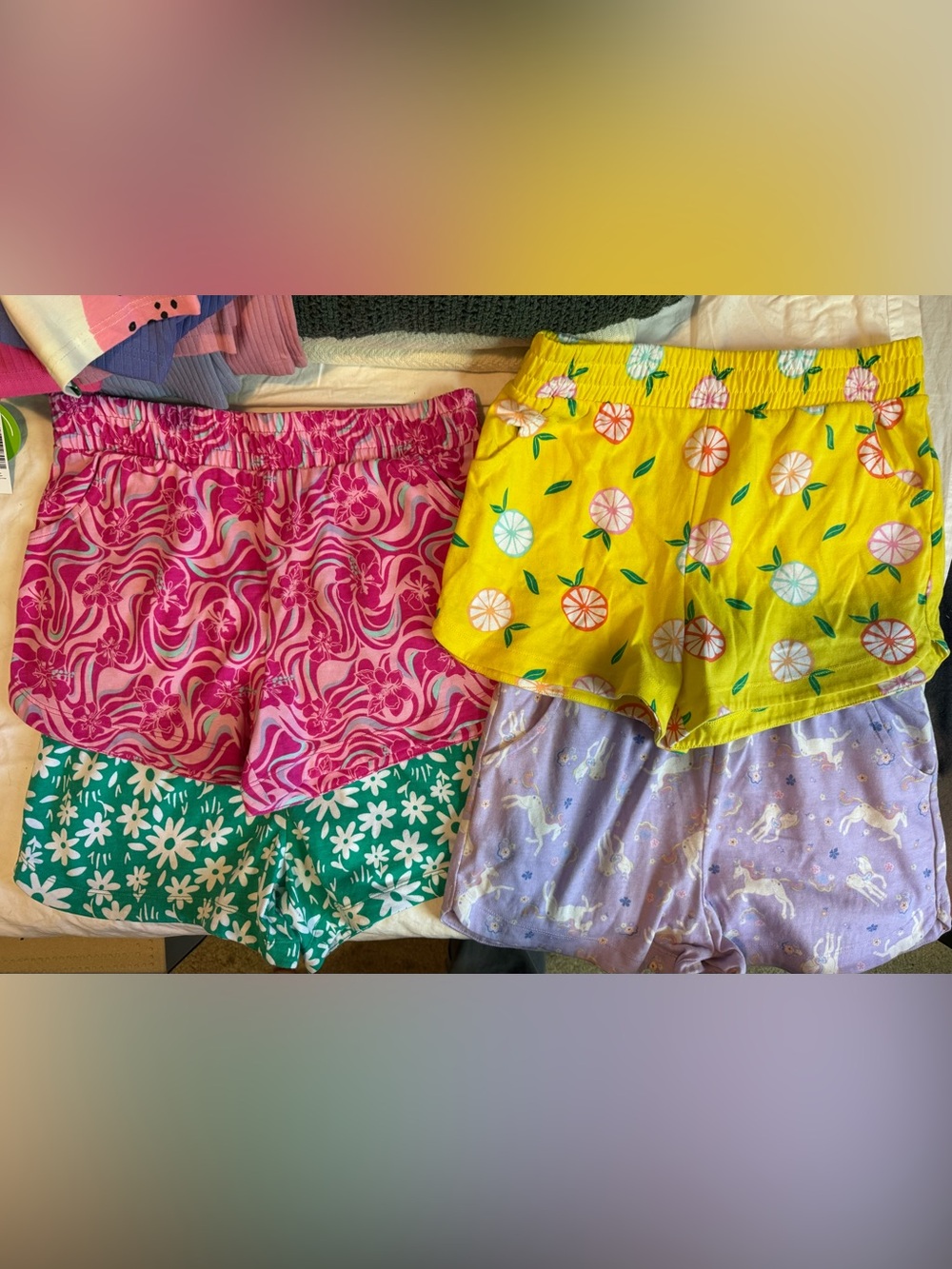 wonder nation Bright Pink Swirl, Yellow Citrus & Green Daisy Kids Shorts Set